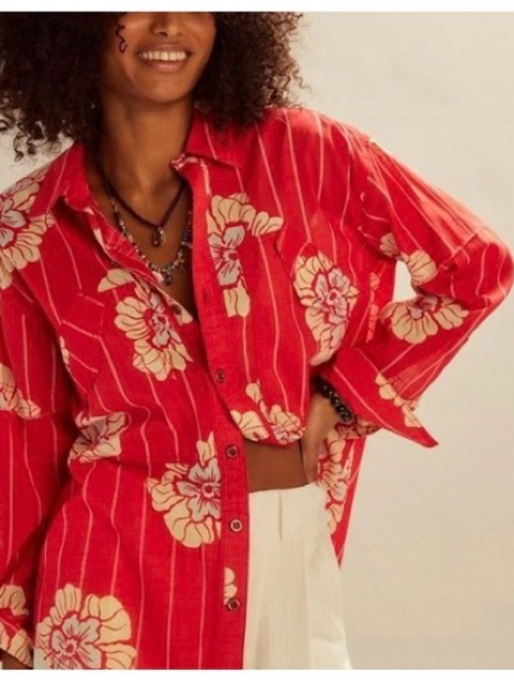 Free People Hidden Flower Camo Shirt -S Red Floral Button-Front Women's Top